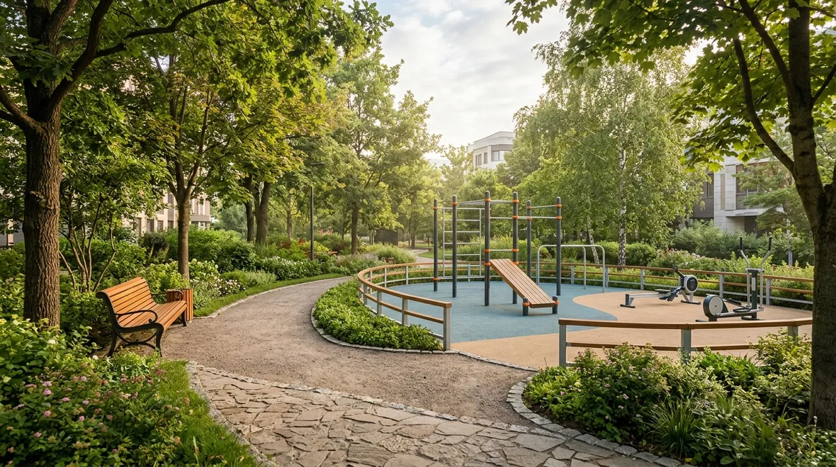 Дорожка для прогулок и площадка для занятий спортом на территории центра